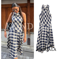 Women Leisure Checkered Halter Long Dress KONDALA 2026 Summer Trendy Holiday Elegant Dress Lady Dinner Dating Casual Midi Dress