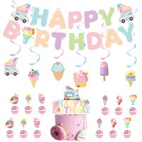 Ice Cream Happy Birthday Streamers Hot Stamping Dovetail Pull Flag Living Room Garden Mall Cafe Birthday Party Decoration Banner