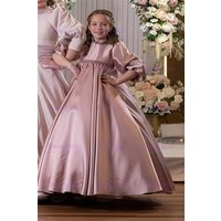 Elegant Quality Pink Flower Girl Dress Satin Fluffy Little Girls Baptism Wedding Birthday Party Evening Ball Baptism Gowns