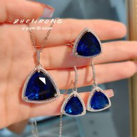 Foydjew Luxury Triangle Design Red Corundum/Blue Cobalt Spinel Pendant Necklaces Drop Earrings Rings Jewelry Sets For Women