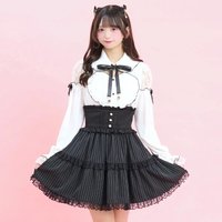 Y2K Sweet Lolita Dress Set Japanese Jirai Kei Style White Lace Blouse + Black Stripe Skirt Women's Ruffle Outfit for Daily