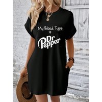 My Blood Type Is Dr Pepper Print Polyester Breathable Crew Neck Casual Dress for Women