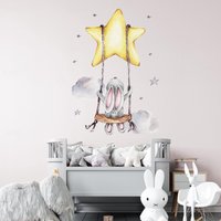Bunny Baby Nursery Wall Stickers Cartoon Rabbit Swing on the Stars Wall Decals for Kids Room PVC Removable Stickers PVC DIY