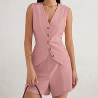 Women Summer Elegant Solid Waistcoat Shorts Set Sleeveless Vest Top+High Waist Slim Shorts Office Lady Casual 2 Pieces Set 2026
