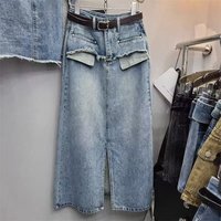 Fashion Pocket Raw Edge Denim Skirt Korean Retro Blue Split Half Skirts 2026 New Women's Summer High Waist Slim Midskirt