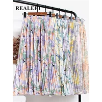 REALEFT New 2024 Vintage Floral Printed Tulle Pleated Mi-long Women Skirts High Waist Loose Female Umbrella Skirts Spring Summer