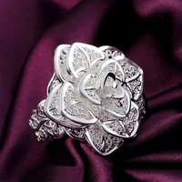 Charm 925 Sterling Silver big flower Rings For Women adjustable Fashion elegant Wedding Party gifts Jewelry