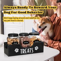 Wooden pet treat storage box with 3 plastic treat jars, personalized labels, farmhouse dog food and cat food storage container