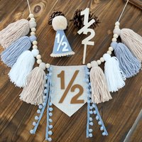 1/2 Birthday Boy Half Way To One High Chair Banner Green Hat Wooden Cake Topper Half Year Birthday Party Decor Photoshoot Props