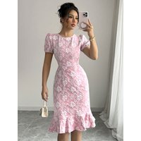 2026 Summer New Arrival Women Vintage Dress,Round Neck Puff Sleeve,Knee Length Slim Solid Jacquard Floral Print Elegant Office L