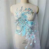 Lake Blue Sequin Phoenix Peacock Appliques Dreamy Embroidered Lace Fabric Trims Collar Mesh Sew Patch For Wedding Decoration DIY