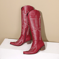 Bottes de cowboy occidentales brodées au genou large pour femmes, bottes longues à talons hauts pointus, bottes Parker, rouge et blanc, designer, hiver 2025