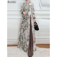 Women Elegant Patchwork Maxi Dress ZANZEA Muslim Abaya Robe Femme Vintage Long Sleeve Printed Sundress Elegant Loose Vestidos