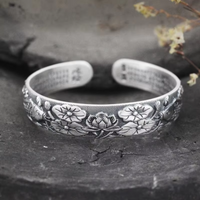 Silver 925 Retro Exquisitely carved Lotus flower bracelet for women Chinese Style Charm Lotus Leaf Heart Sutra bangles Jewelry