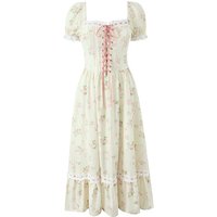 YENKYE Front Lace Up Floral Print Summer Boho Dress Women New 2026 Puff Sleeve Low Waist A-line Midi Party Vacation Dresses