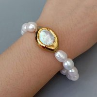 YYGEM 9x11mm Natural White Rice Freshwater Pearl 20x30mm Cultured Keshi Pearl Gold Plated Elastic Bracelet