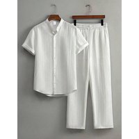 Men's White Vertical Striped Textured Henley Shirt Casual Set 2 Piece Summer Short Sleeve Drawstring Pants Outfit