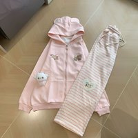 Japanese Kawaii Long Sleeve Hoodie + Full Length Pants Sweet Two-Piece Sets Zipper Y2k Patchwork Women Casual Striped Spring