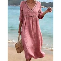 Hollow A-line Dress For Women Spring O-neck High-waisted Loose Dress 2026 Summer New Bell-sleeved Beach Vacation Dress Female