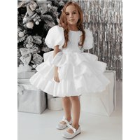 Snvdzo Customized Flower Girl PageantDresses Solid Tiered With Bow Short Sleeve For Wedding Birthday Party Holy Communion Gowns
