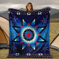 Native American Indian Style Quilted Flannel Blanket - All-Season Southwestern Tribal Bedspread with Star & Motifs Turquoise