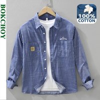 2025 Autumn New Casual Striped 100% Cotton Long Sleeve Shirt for Men Clothing Letter Versatile Streetwear CM7631
