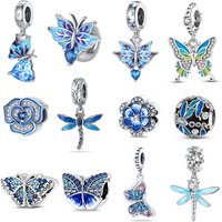 925 Sterling Silver Blue Murano Bead Pansy Flower Dangle Charm Fit 4MM hole diamete Bracelet And Necklace Jewelry Gift