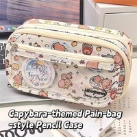 Capybara Cartoon Print Pencil Case Multi-functional INS Flip Over Pen Bag for Student Large Capacity Stationery Storage Pouch