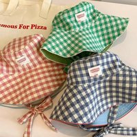 Korean checkered strap fisherman's hat with a large brim for summer, a small sun-protective hat that can be worn on both sides