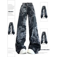 Women Black Gothic Dragon Print Jeans Baggy Vintage Aesthetic Cowboy Pants Harajuku Denim Trousers Y2k Trashy 2000s Clothes 2024