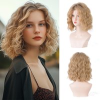 14 Inch Shoulder Length Curly Free Part Synthetic Wig Ombre Blonde Wavy Bob Wig for Women Daily and Party Use with Natural Look