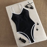 Women's Black One-Piece Swimsuit with White Trim, Low Back High Cut Cheeky Bathing Suit, Summer Beach Swimwear for Vacation