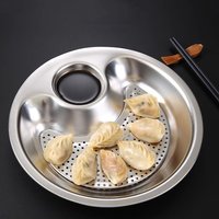 Stainless Steel Dumpling Plate Round Thickened Chips and Dip Plates Removable Draining Tray Dipping Sauce Compartment