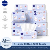 Soft Facial Tissues 5-Ply 320 Sheets Natural Wood Pulp Thick No Fluorescent Cartoon Rabbit Design for Home Office Daily Cleaning