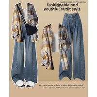 Korean Style plus Size Spring Set Women's Vintage Age-Defying Plaid Shirt Strap High Waist Slimming Jeans Three-Piece Set