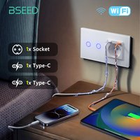 BSEED Wifi Touch Touch Switches 1/2/3Way Neutral Wire Required Plus EU Socket With Double Type-c Charging Ports Blue BackLight
