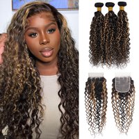 Honey Blonde Highlight Water Curly 2/3 Bundles With Lace Closure 100% Human Hair Ombre WavyWater Wave With HD 4x4 Closure Sew In