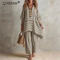 Boho Vintage Striped Print 2 Piece Sets Woman Spring V Neck Half Sleeve Top Wide Leg Pants Outfit New Summer Beach Vacation Suit