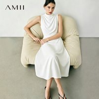 Amii Satin Women's Dress 2026 Summer New Solid Color Sleeveless Elegant Cowl Neck Casual A-Line Midi Dress for Women 12642219