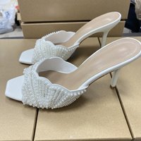 Women's Pearl Beaded Square Toe High Heel Sandals Open Toe Backless Stiletto Heels 2025 Trendy Party Wedding Shoes Summer Mules