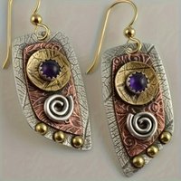Bohemian Style Vintage Inlaid Synthetic Amethyst Dangle Earrings for Women Ethnic Designed Fashion Vacation Jewelry Accessories
