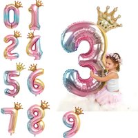 2pcs 32inch Rainbow Number Foil Balloons with Crown for Kids Boy Girl 1-9st Birthday Party Decorations Baby Shower