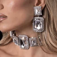 Stylish Sparkling Glass Necklace and Earring Set Bridal Jewelry Set Wedding Accessory Rectangular Necklace with Rhinestones
