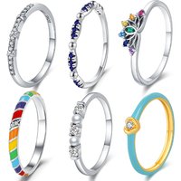925 Sterling Silver Rainbow Flower Ring Blue Gold Circle Heart Ring Simple Jewelry For Women Fashion Daily Wear Romantic Gift