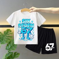 Cartoon Robot 67 Print T-Shirt & Shorts Set for Kids Boys Girls Summer Cotton Casual Outfit Game Theme Gift