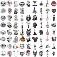 Alloween Gothic Series 925 Sterling Silver Black Skull, Spider, Bat, Ghost Amulet,Fit European Bracelets DIY Jewelry Accessories