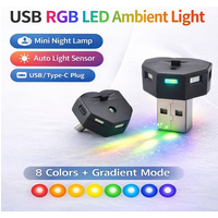 USB RGB Ambient Light Mini LED Night Lamp Auto Light Sensor Direction Adjustable For Car Interior Console PC Type-C