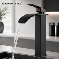 SANIVITAL Matte Black Stainless Steel Waterfall Bathroom Basin Faucet Single Lever Hot Cold Water Mixer Tap for Bathroom