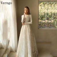 Verngo lvory Lace Evenig Dress O Neck Full Sleeves A Line Formal Occasion Dresses Women Modest Prom Party Gowns Customized