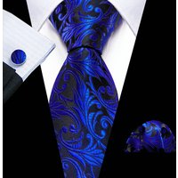 Fashion Dark Blue Men Tie Floral Woven Luxury Brand Handkerchief Cufflinks Necktie Sets Wedding Party Business